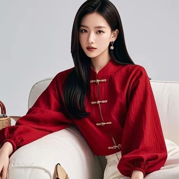 Robe longue décontractée en polyester pour femme, style chinois, printemps-automne, avec boutons, manches lanternes