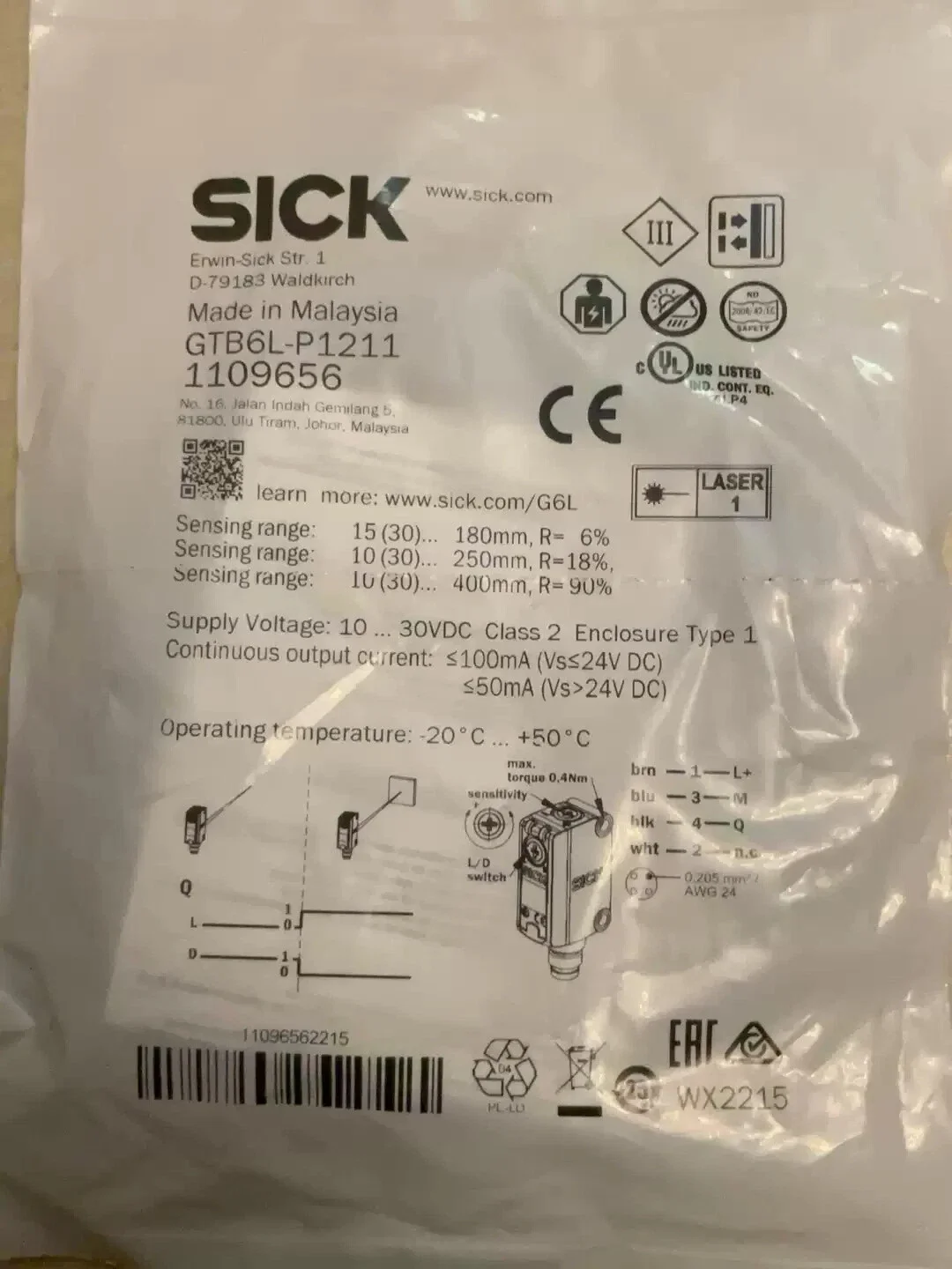 

1109656 GTB6L-P1211 Photoelectric Sensor, Rectangular Sensor, 10 → 40 mm Detection Range