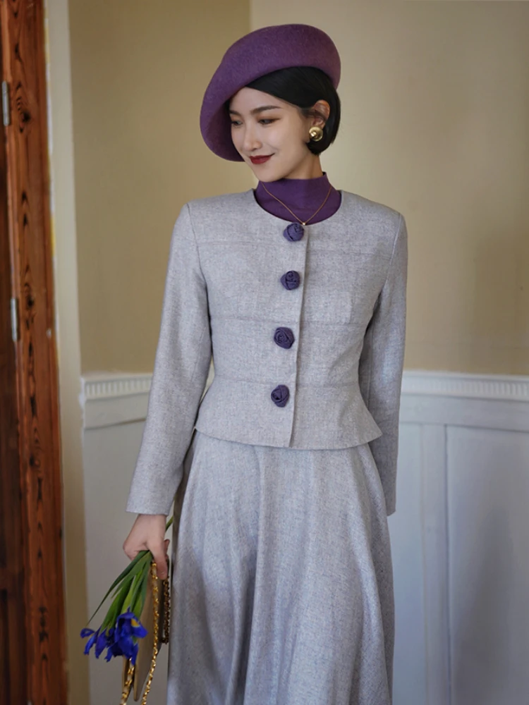 Purple Wool Elegant Slim Umbrella Skirt Contrast Handmade Rose Waist Set