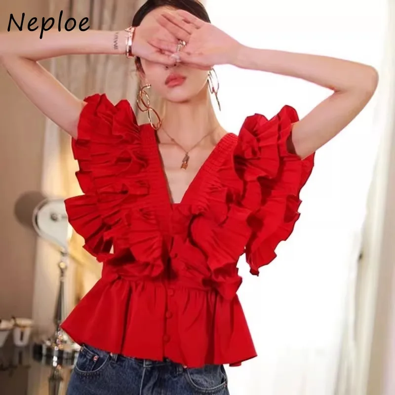 Neploe Vintage Ruched Slim Waist Blouses 2024 Summer New Sleeveless Shirts Women Y2k E-Girl V-neck Ruffles Blusas Mujer