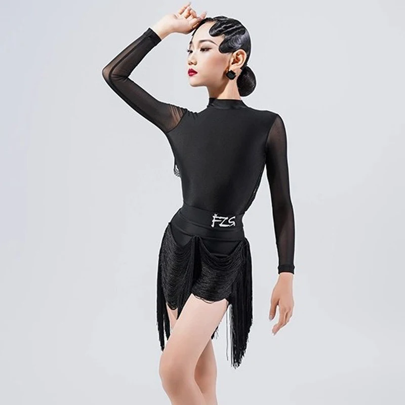 أزياء سوداء قاعة الرقص المنافسة فساتين أطفال أداء الرقص ملابس الفتيات الرقص اللاتينية مهدب زي