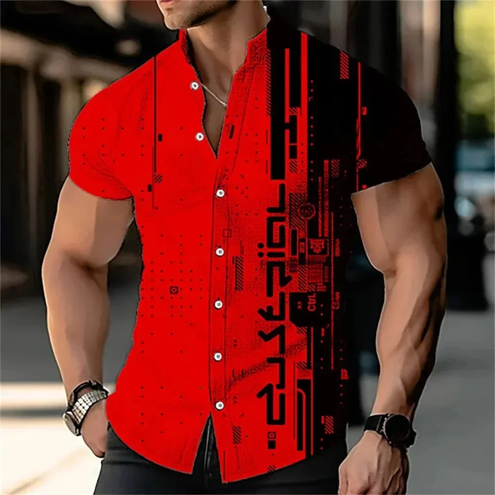 

Trend Men's 3D Digital Printed Geometric Stand Up Short Sleeved Outdoor Casual Shirts Street Summer Tops Hip-hop Men Clothes