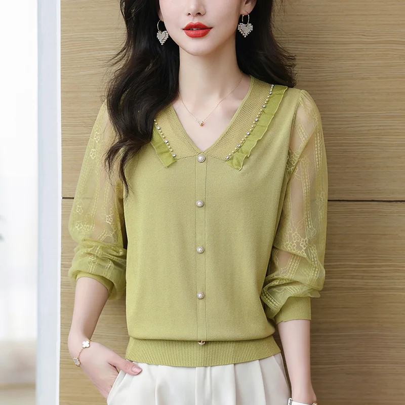 Knitted Sweater Women Pullovers Beading V-Neck Sueters De Mujer Knit Sweater Pullover Women Tops New Long Sleeve Sweaters Q3080