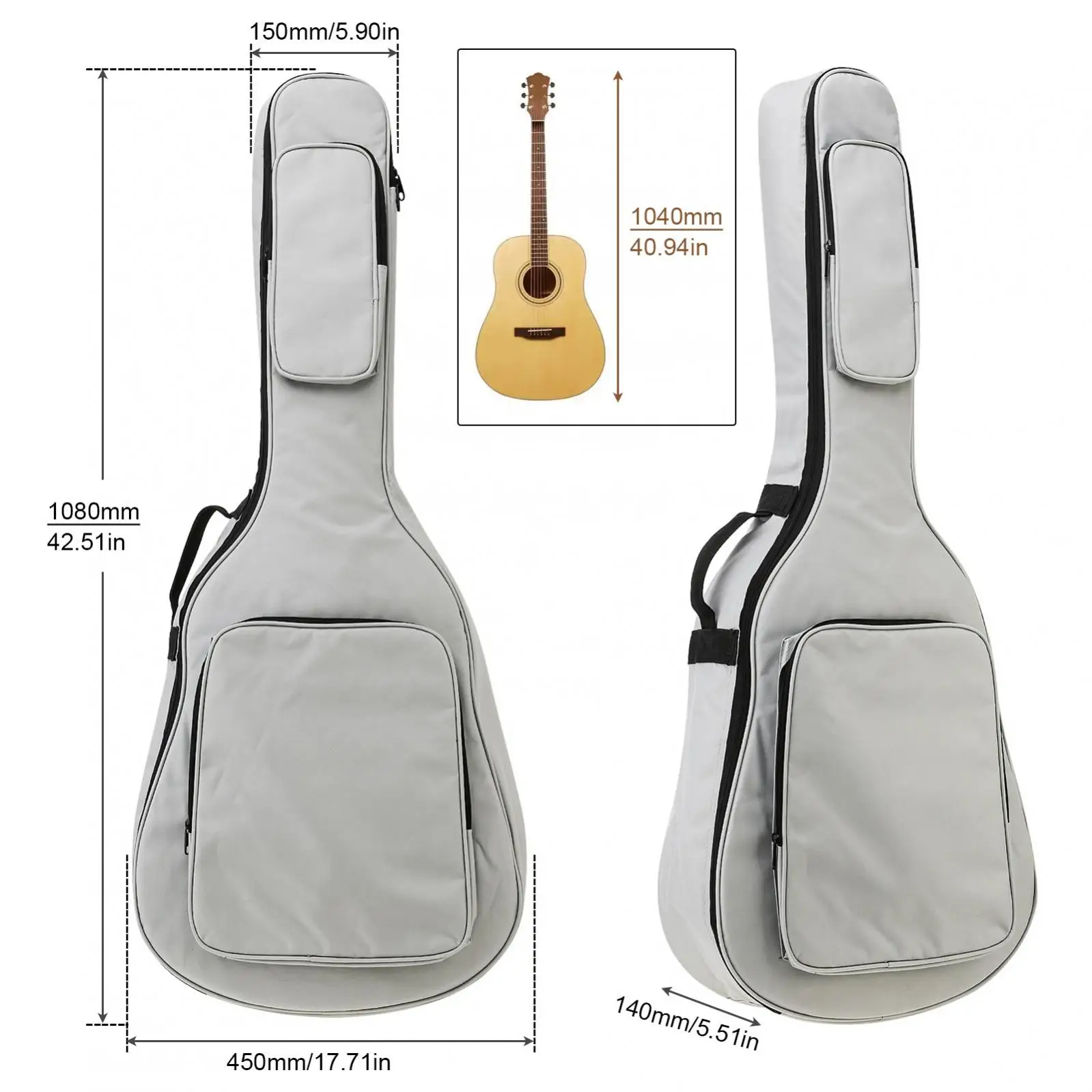 40 / 41 Inch 12mm Thick Padding Acoustic Guitar Gig Bag Waterproof Oxford Cloth Gray Soft Guitar Case for Guitar with Neck Strap