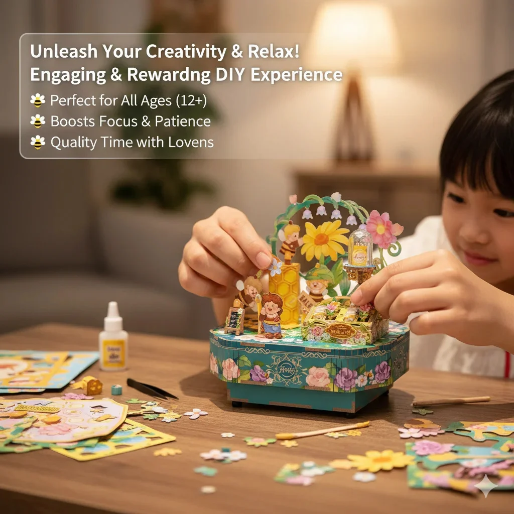 

DIY Floral Wooden Music Box Puzzle Kit Handmade Mechanical Craft Toy for Kids Girls Creative Gift Desk Home Decor