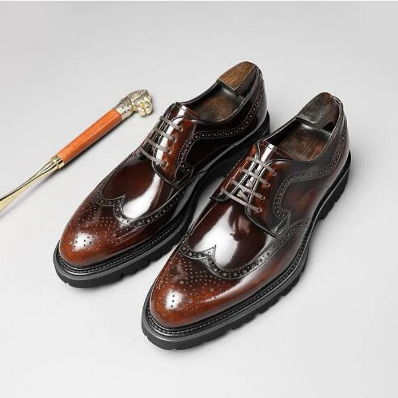 

British Style Formal Mens Brogue Shoes Genuine Leather Lace up Fashion Gentlemen Male Oxfords Derby Shoe