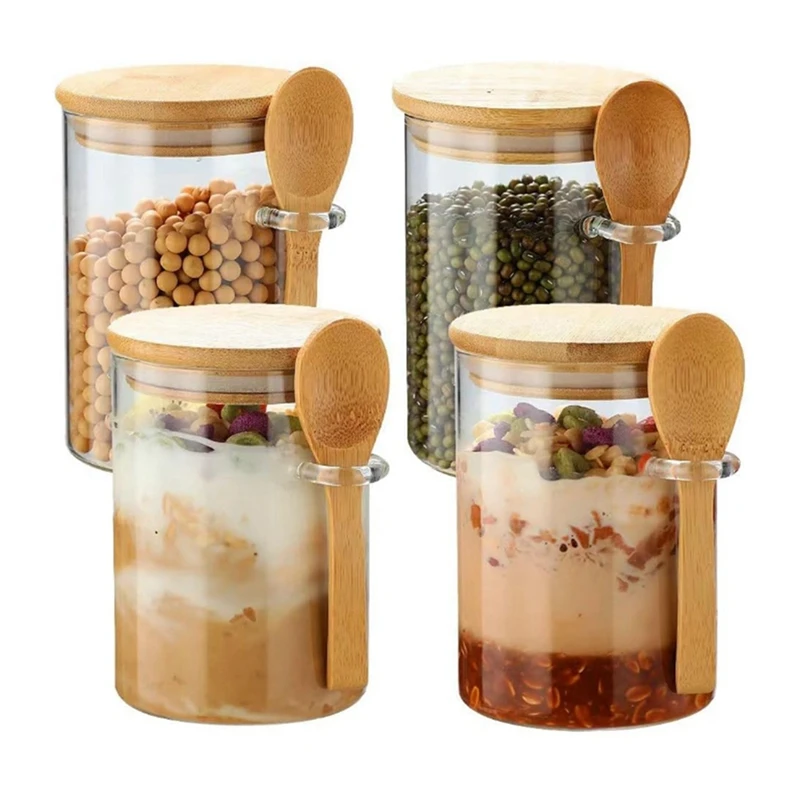 

4 Pack Overnight Oats Glass Containers With Lids And Spoons, Glass Jars With Spoons And Lids For Loose Tea