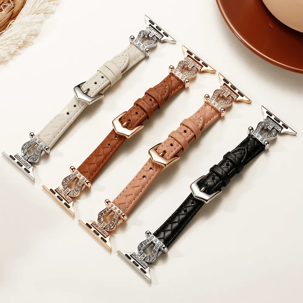 Für Apple Watch-Armbänder 44 mm 45 mm 38-42 mm-46 mm-40 mm-41 mm Luxus-Leder-Diamant-Design-Band Serie 10 9 8 7 SE 6 5 4 Ultra 2 49 mm