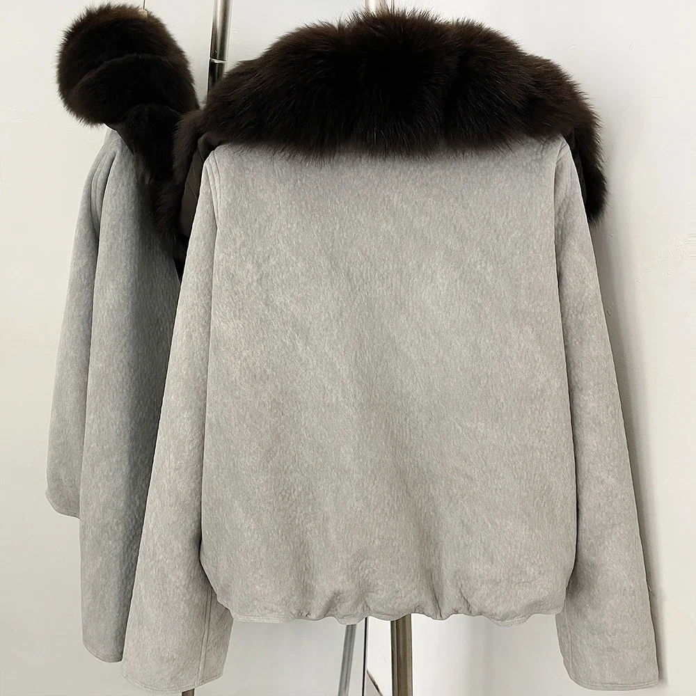 OFTBUY Damen-Daunenjacke mit großem Fuchspelzkragen, Winter-Warme Entendaunenjacke, kurze Reißverschlussjacke mit Pelz für Damen – Detail 12