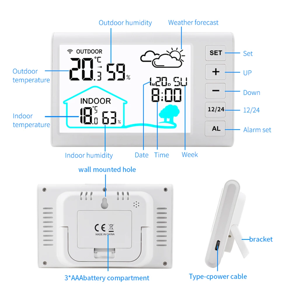 Imagem -03 - Termômetro Digital sem Fio Higrômetro Indoor Outdoor Estação Meteorológica Temperatura Sensor Monitor com Relógio Smart Home