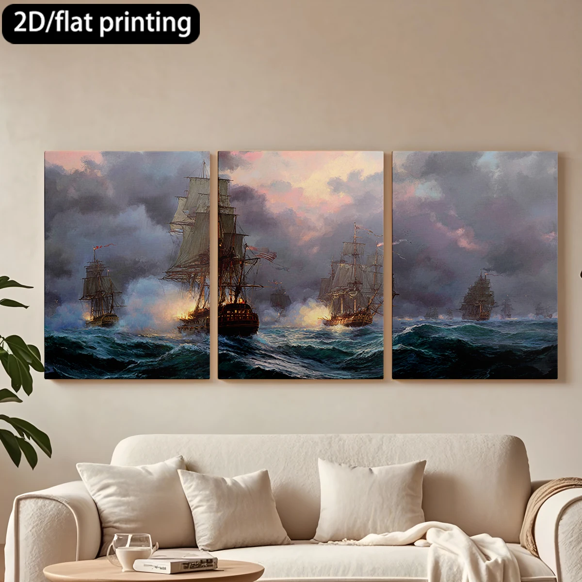 

2D плоская печать, 3-х частная декоративная картина на холсте в деревянной раме. Эпическая морская битва на море. Декор для коридора и спальни.