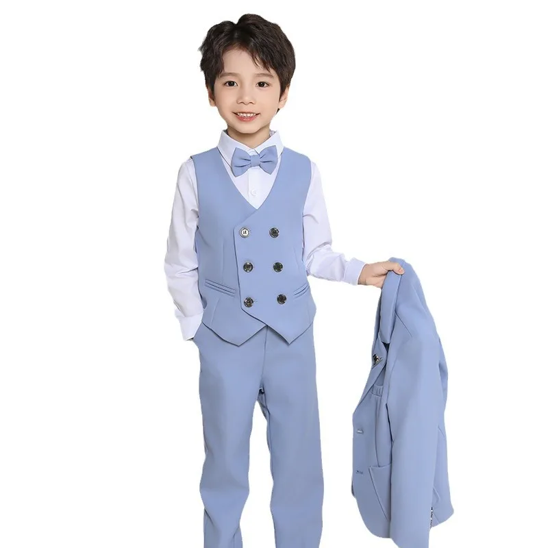 Boys 5 Pieces/Set Jacket Vest Pants Bowtie Brooch Photograph Suit Children Evening Piano Dress Kids Easter Performance Costume