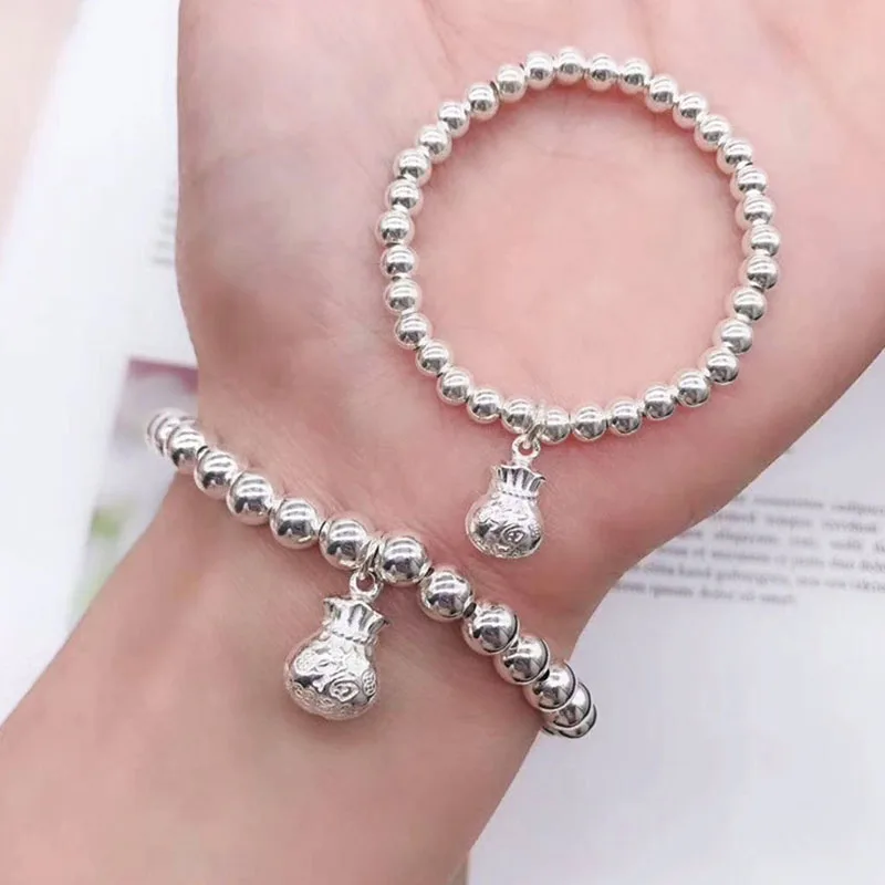 S925 Sterling Silver Round Bead Bracelet Female Minority Design Light Bead Elastic Bracelet Versatile Birthday Gift