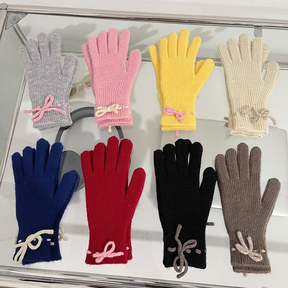 

Женские вязаные перчатки для девочек, теплые зимние перчатки с бантом и украшением, шерстяные варежки, плотные теплые перчатки для велоспорта и вождения