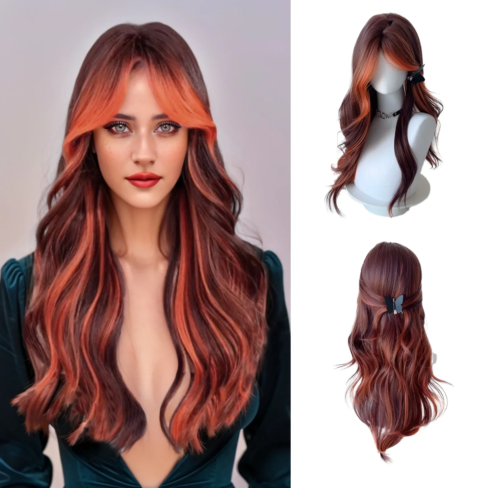 Red Fox Highlights Long Curly Hair Full Head Set Female Dirty Orange Red Brown Middle Part Bangs Sewn Big Waves Whole Head Set