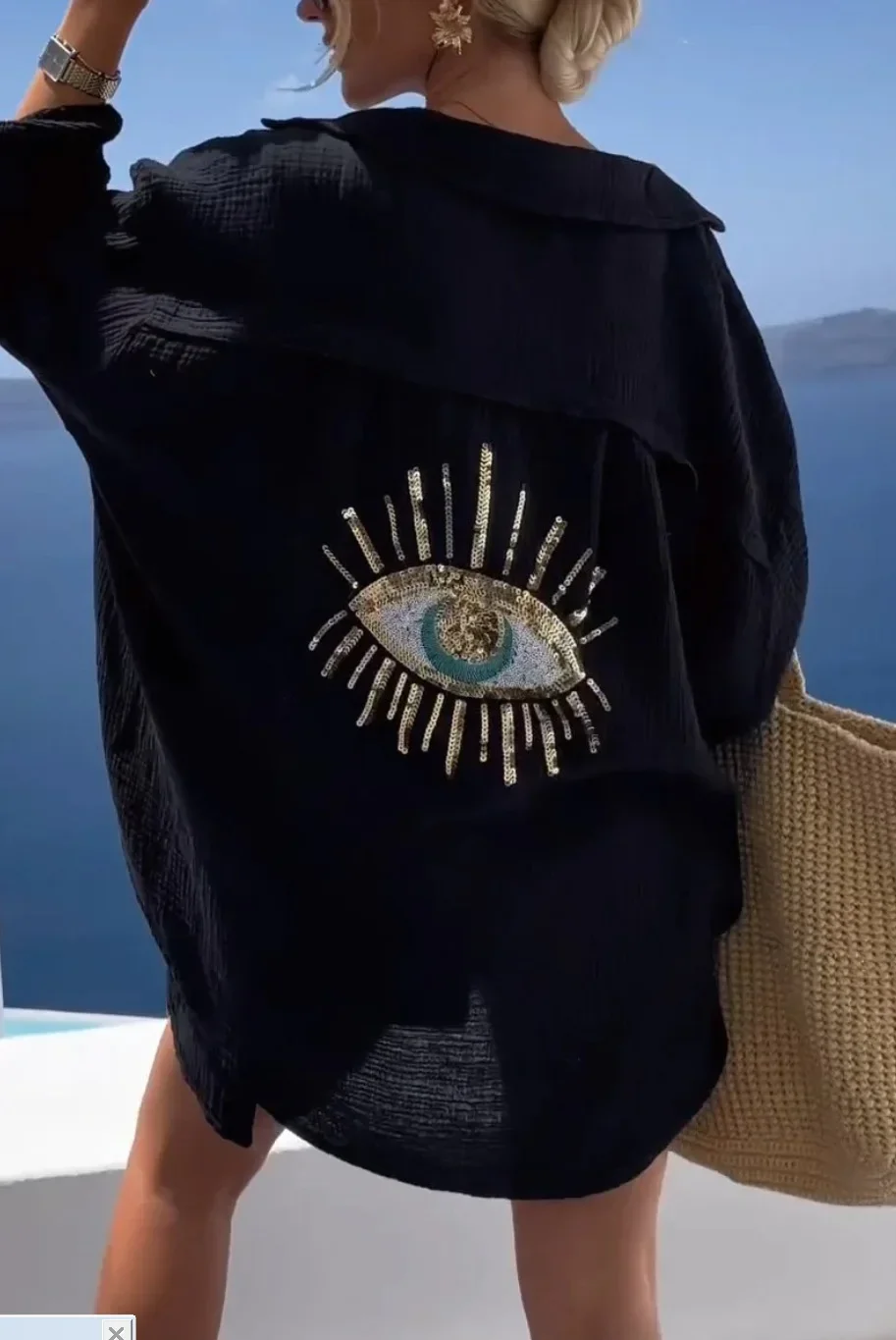 

Рубашка от сглаза с блестками в уличном стиле — новинка 2023 года, летняя женская хлопковая блузка большого размера с длинными рукавами