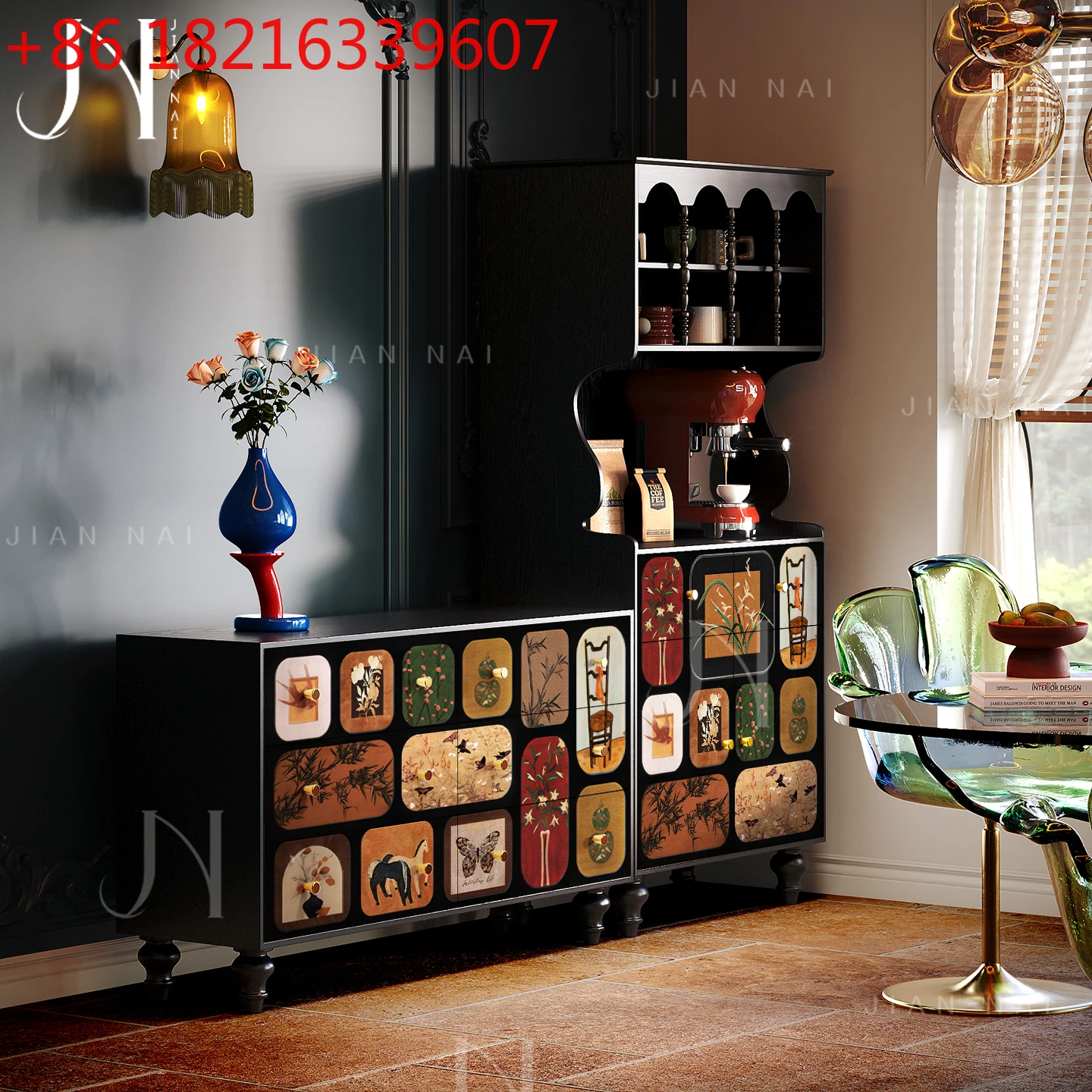 

French medieval solid wood dining side cabinet Bailian picture living room against the wall dining room drawer