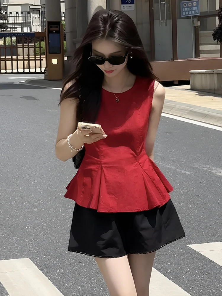 

Ретро-красный плиссированный топ Ne Svel для женщин, свободный повседневный летний топ в корейском стиле, стандартной длины, для работы и отдыха