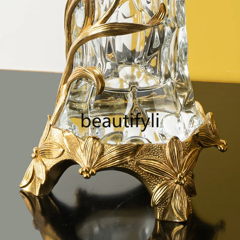 European crystal glass inlaid copper vase ornament, flower arrangement vase, high-end luxury entrance decoration