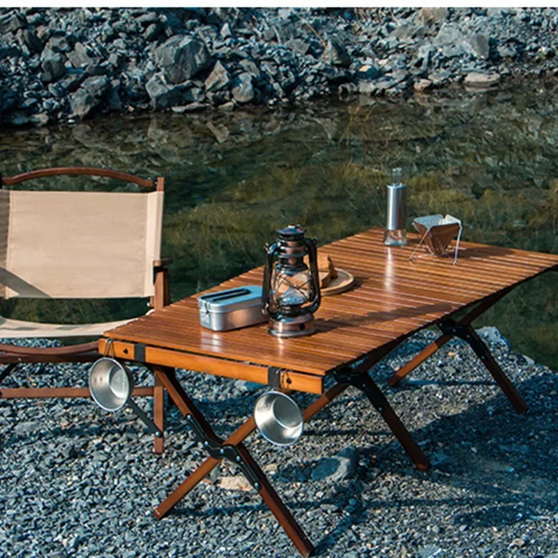 

Portable Beech Wood Egg Roll Table for Outdoor Easy Foldable and Black Walnut Color for Picnics and Camping