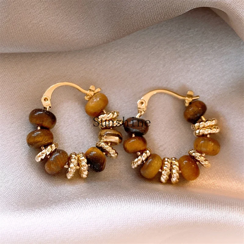 Maillard Tiger's Eye Stone Retro Earrings Women's Niche Light Luxury High-end Earrings