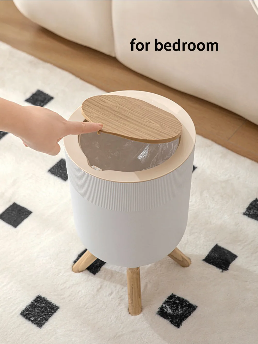 White Circular Wood-Grain Trash Can for Kitchen, Bathroom, Bedroom, Living Room, and Office Trash Bin  Garbage Bin