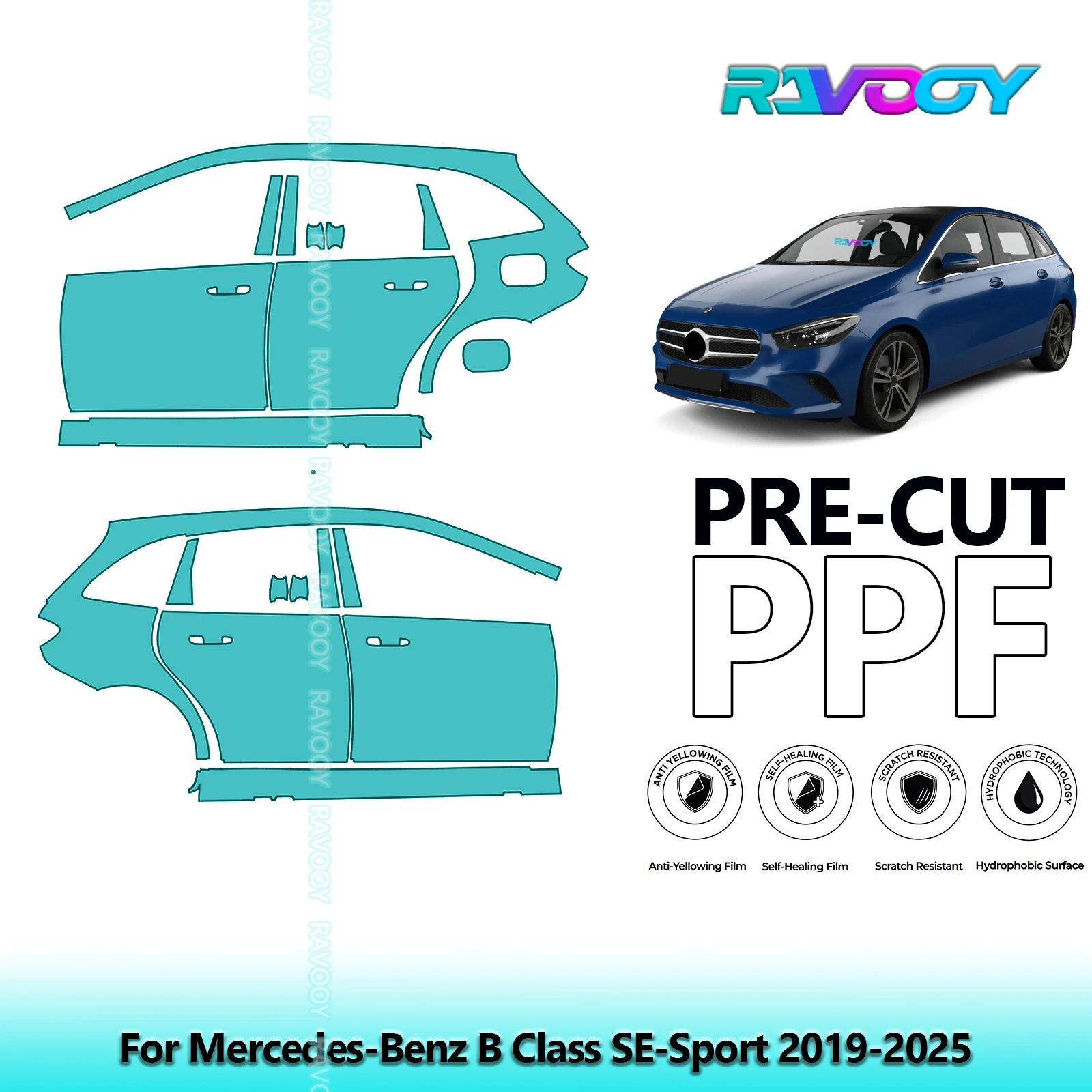 

For Mercedes-Benz B Class SE-Sport 2019-2025 8.5mil Clear Matte Pre-Cut PPF Door & A/B Pillar Kit TPU Paint Protection Film Set