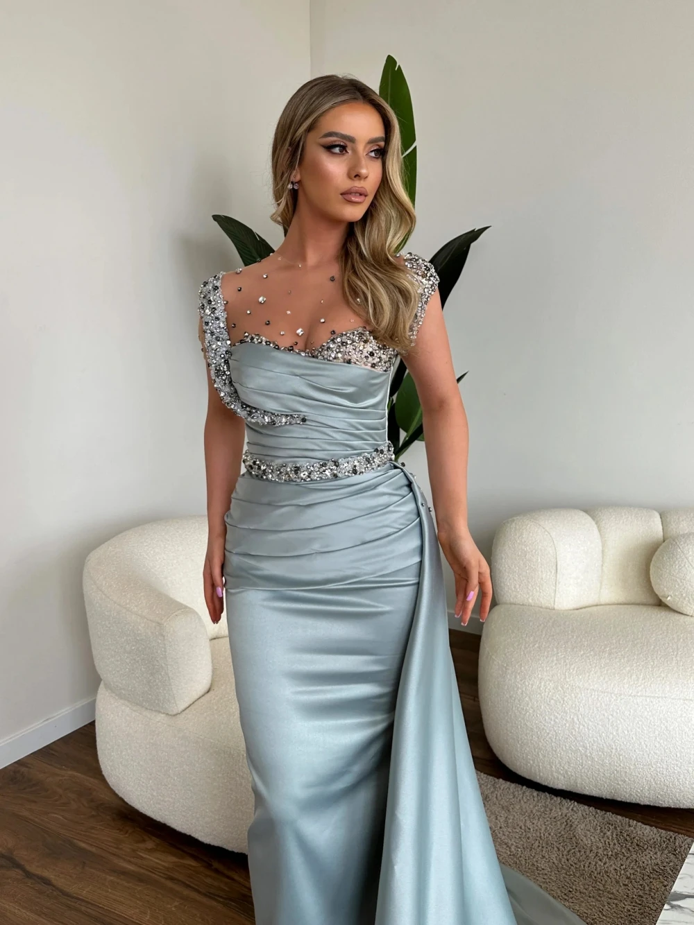 Sparkly Crystal Pearls Prom Gown High Collar Evening Dress 2025 Elegant Satin Long Cocktail Dresses Customzied Vestidos De Novia