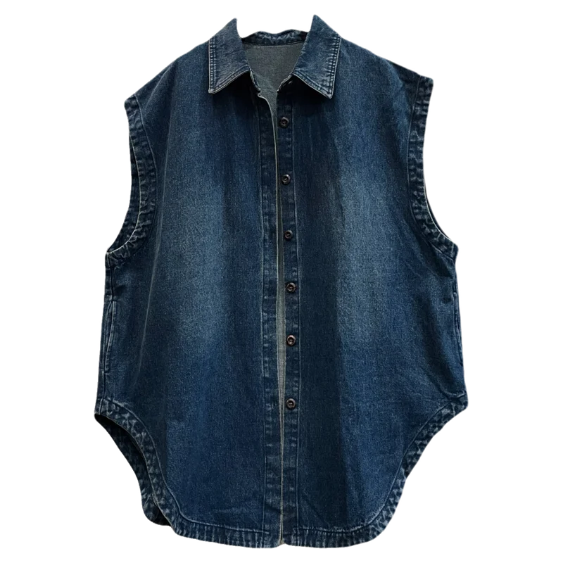 Gilet en jean rétro délavé pour femme, coupe ample mi-longue, bouton unique, col jaquet, vêtement d'extérieur, nouvelle collection automne