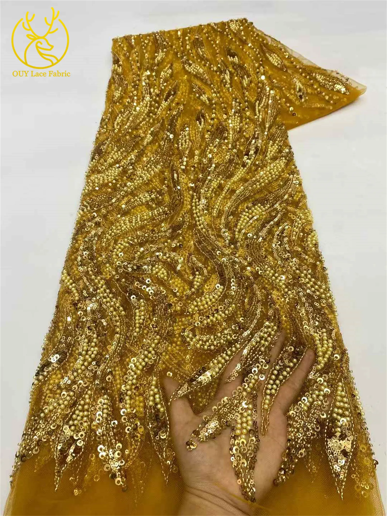 Green African Beaded Sequins Lace Fabric Hot Sale Nigeria French Groom Embroidery Mesh Tulle Lace For Women Wedding Dress Party