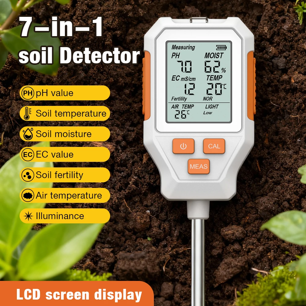 7 in 1 Soil Meter Soil Tester pH Moisture Temperature Fertility EC Sunlight Garden Farm Agriculture Digital LCD Soil Detector