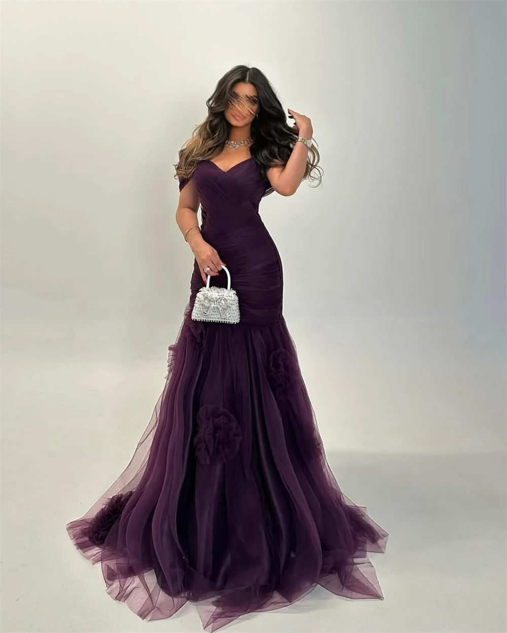 Abito da sera semplice in organza viola personalizzato Boho Sweetheart con spalle scoperte Abito da festa Abito da ballo sexy con strascico a sirena