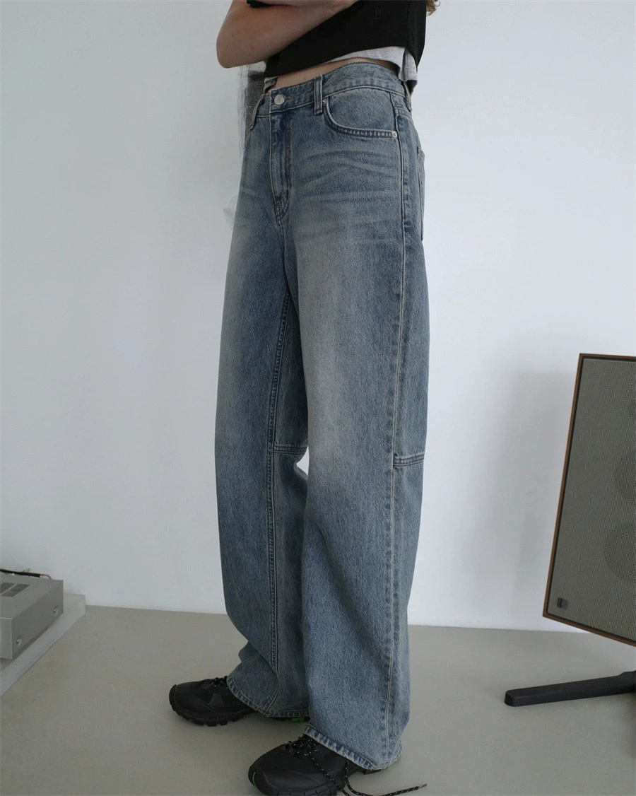 痩身効果ウォッシュルーズストレートレッグジーンズ PREON 秋冬 LC レトロスタイルフェードブルーデニムカジュアルハイウエストパンツ