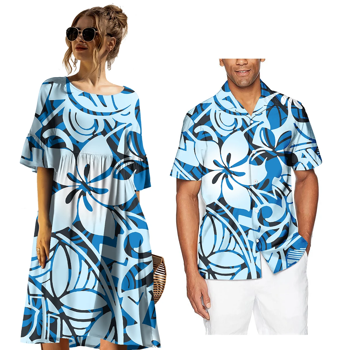 Big Size Women's Dress Customization Polynesian Samoan tribe Girl Short Sleeve Dress Match Hawaiian Shirt Men Couple Sets