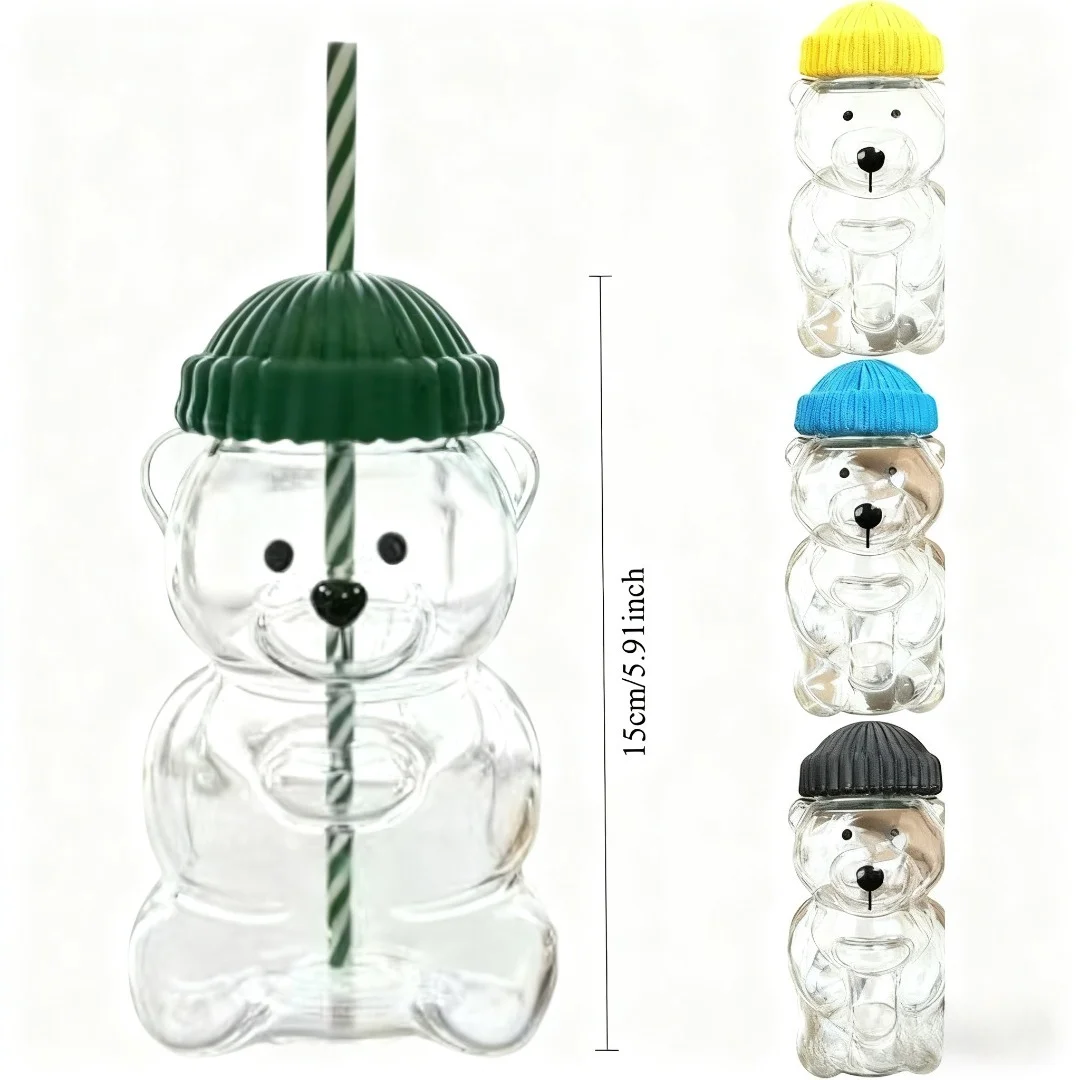 

2025 New 500ML Cartoon Bear Shaped Coffee Mug Cute Glass Cup With Straw Transparent Cup Birthday Christmas Gift