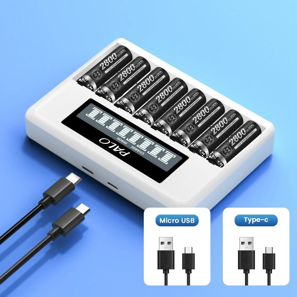 PALO-cargador de batería inteligente USB de 1,5 V, dispositivo de carga de batería de iones de litio con 8 ranuras, LCD, para baterías recargables de litio de 1,5 V 2a 3a