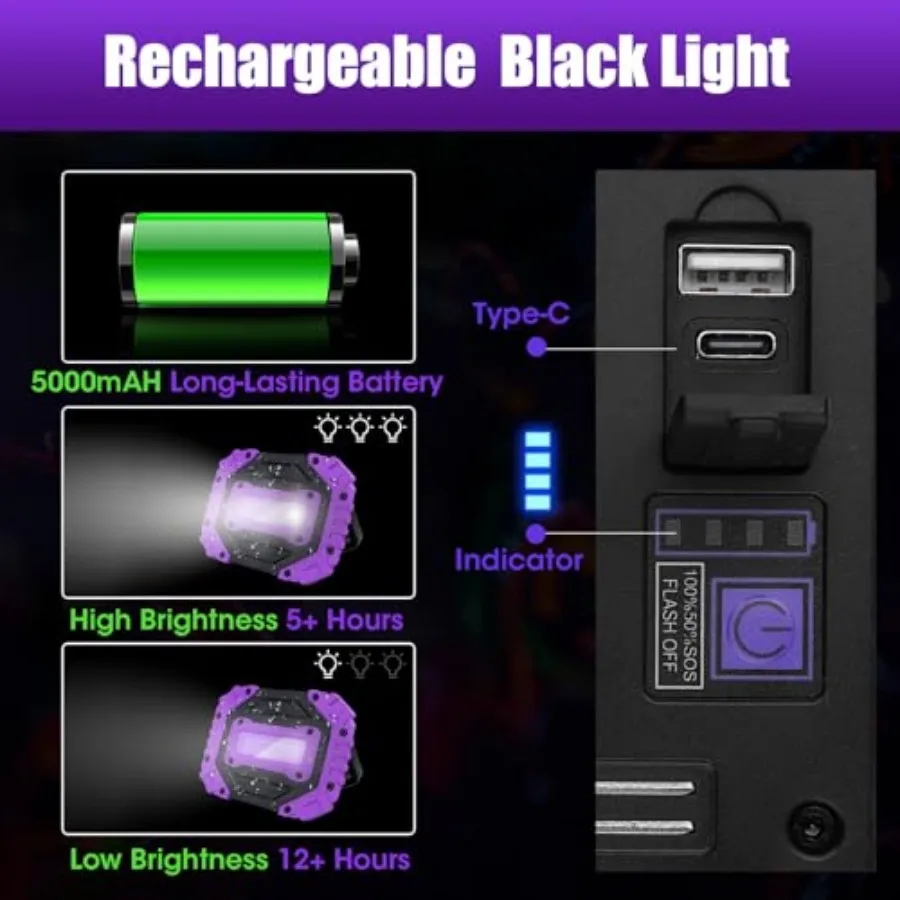2 Pack Rechargeable Black Light, 5000mAh Cordless Battery Powered Magnetic Portable LED Blacklight, 395nm Ultraviolet Flood Lig