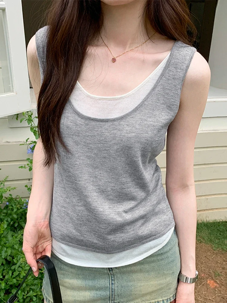 French Classic Fake Two Piece Fashion Sleeveless Female T-shirts Summer New Chic Contrast Color Simple Casual Y2K Women T-shirts