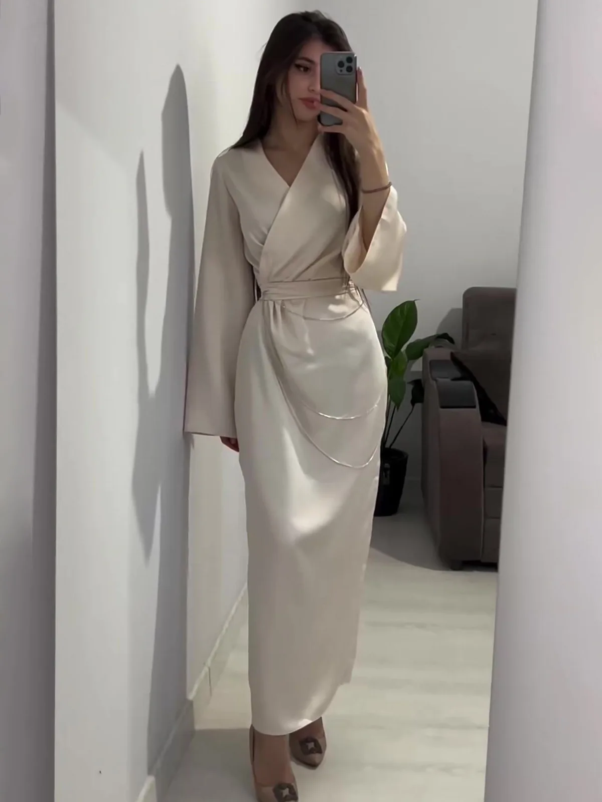 

Slim Party Evening Dress Fashion Long Sleeve V-neck Maxi Dress Belted Robes Turkey Dubai Abayas Elegant Women Muslim Dresses