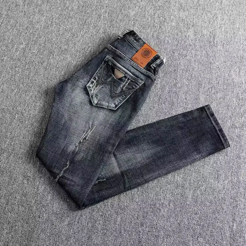 Newly Designer Fashion Men Jeans Retro Black Blue Elastic Slim Fit Frayed Ripped Jeans Men Vintage Casual Denim Pants Hombre