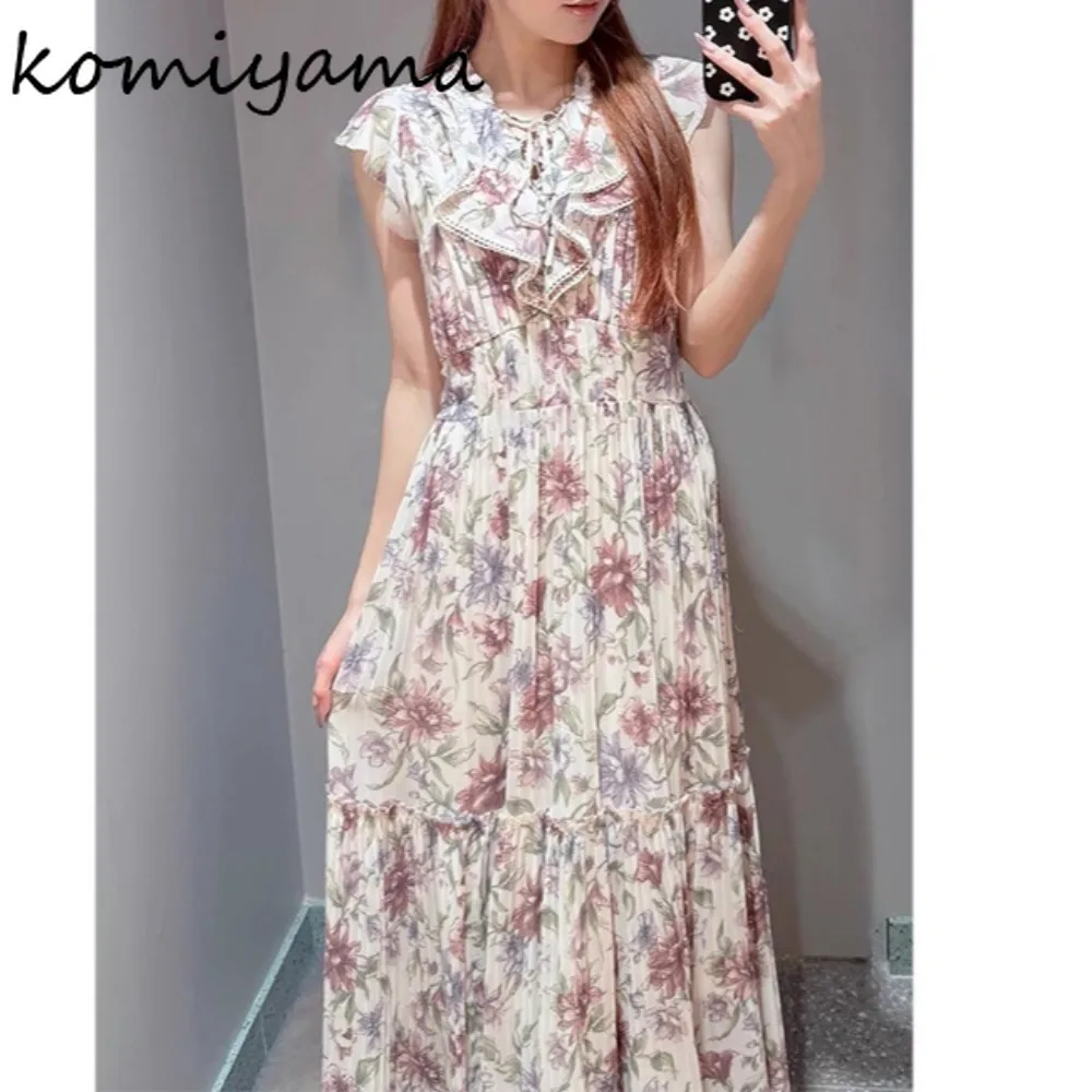 

Pleated Flying Sleeve Vestidos Japan Print Woman 2025 Dress Summer V-neck Dresses Ruffles Lace-up Robe Tunic Ropa De Mujer