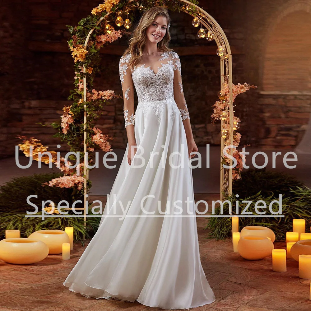 Customized Wedding Dress A-Line Chiffon Applique Draped Crew-Neck 3/4 Long Sleeve Button Brush Train Women Bridal Gown 2023 Cust