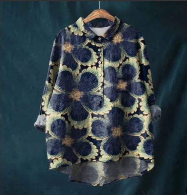 

2024 Retro Printed Linen Women's Fashion Lapel Long Sleeve Women's Shirt Autumn Button Pullover Loose Top Women's Top