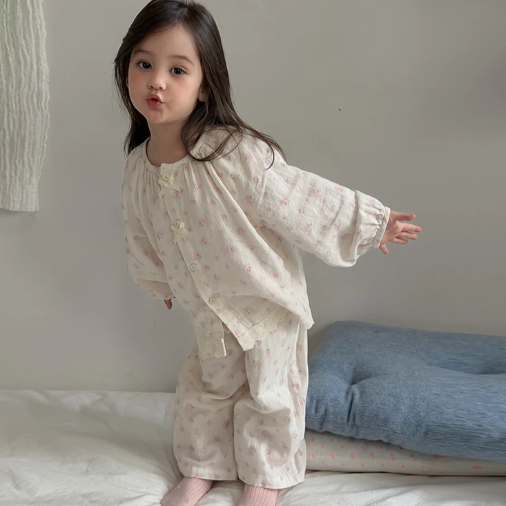 Girls Set 2026 Autumn and Winter New Children's Clothing Korean Style Girl Baby Floral Gauze Princess Pajamas Two Sets