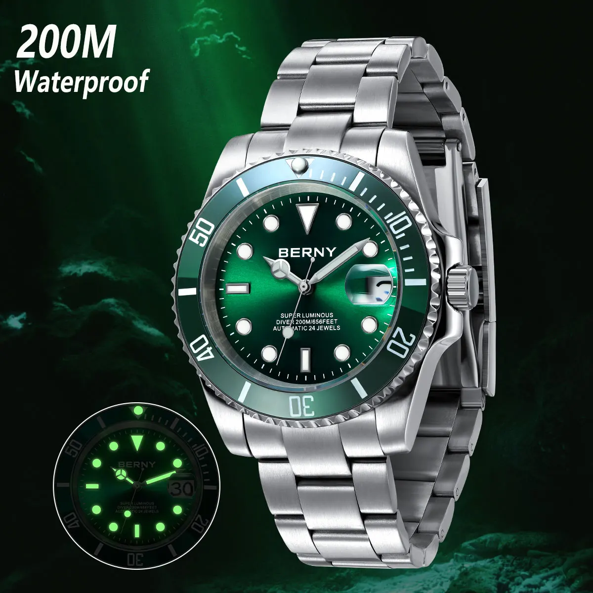 بيرني ساعة غواص أوتوماتيكية للرجال 200 متر مقاوم للماء سوبر مضيئة الميكانيكية ساعة يد رياضية الياقوت NH35 ساعة غوص رجالية