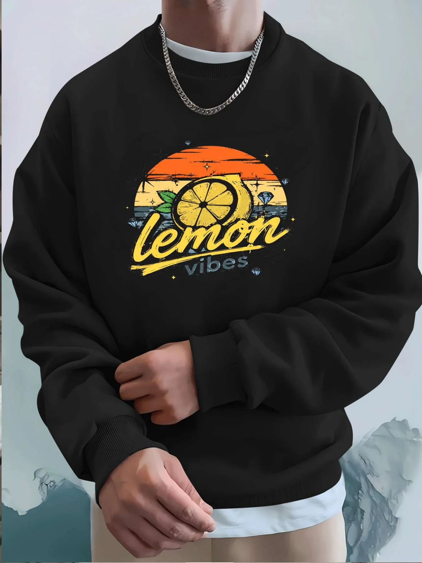 Men Crew Neck Sweatshirt Retro Lemon Vibes Sunset Graphic Print Long Sleeve Pullover Casual Loose Streetwear Male Tops