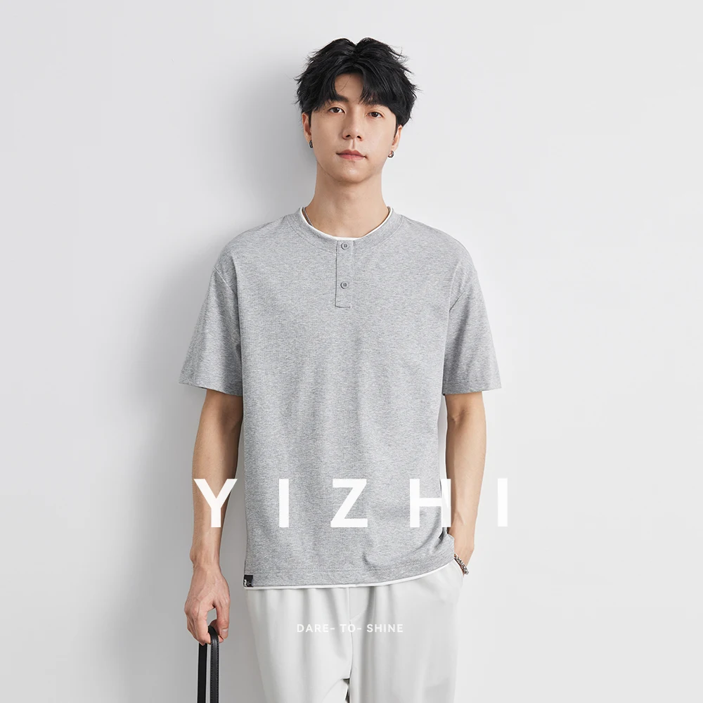 

Men's Henley Collar Short Sleeve T-Shirt 2025 Summer New American Fashion Brand Loose Comfortable Half Sleeve Tops Men Clothing
