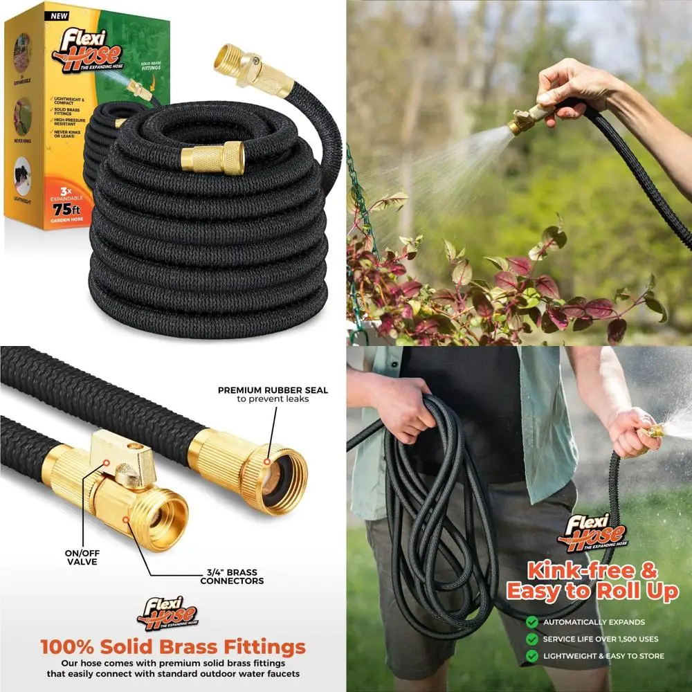 

Expandable Garden Hose Lightweight and Flexible, 75 Feet Long, 3/4 Inch Brass Fittings, Double Latex Core, No Kink Design