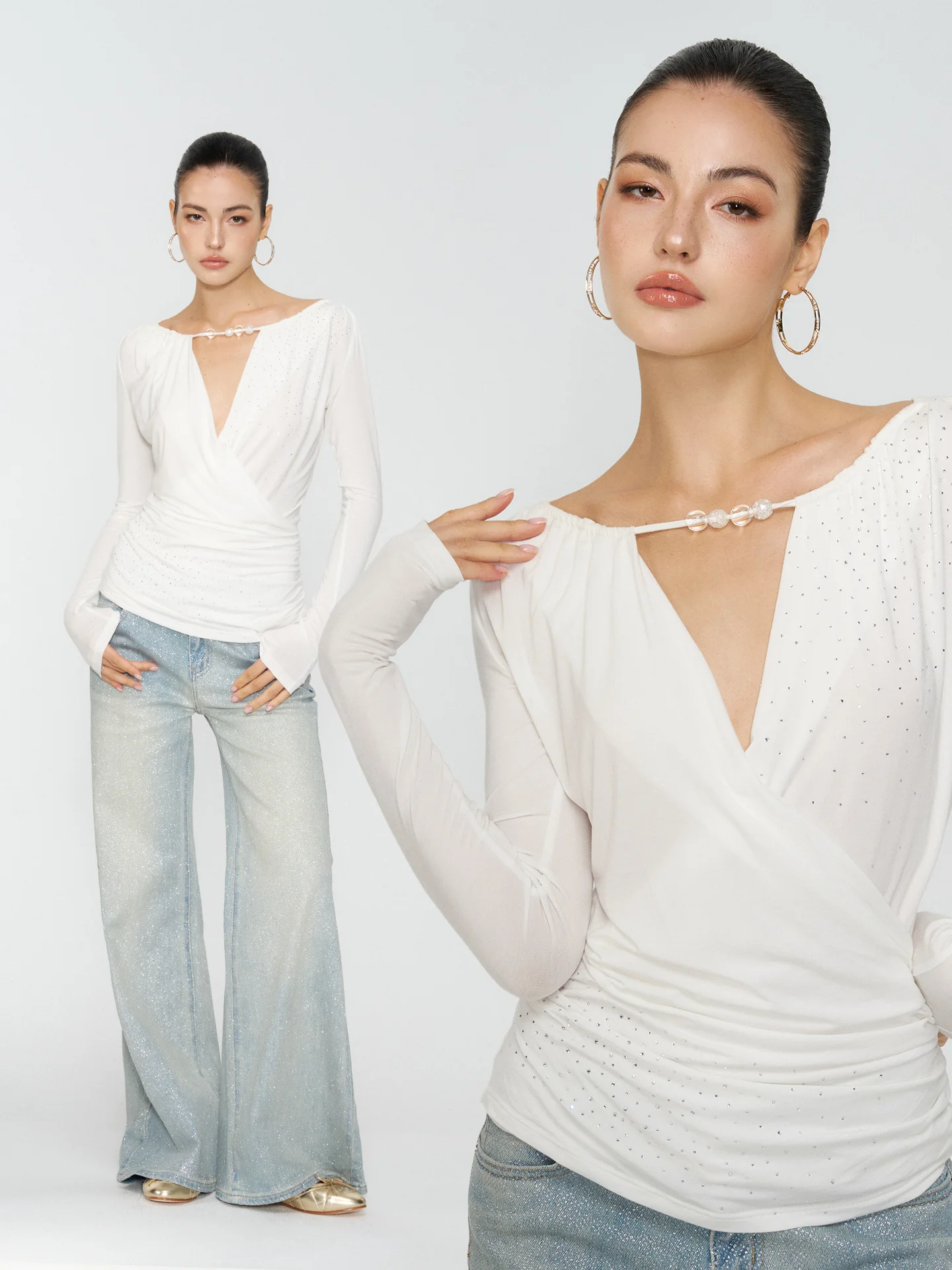 

iny Bead Cross Ne Long Sve Slimming Heat Diamond Top Women Vintage Personali Spicy Base Layer Women's T-irt