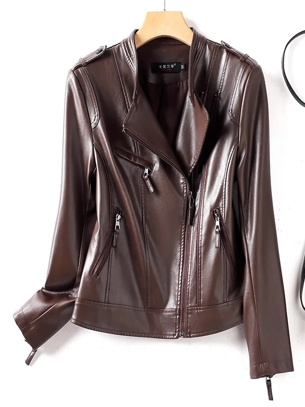   Giacca da moto da donna in vera pelle di pecora, nera, con collo alto, nuova collezione autunno 2025